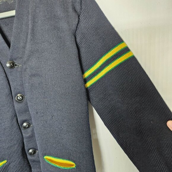 Vintage Men's Navy Lettermans Cardigan Sweater Yellow‎ Stripes Pockets Flawed S - Picture 8 of 11